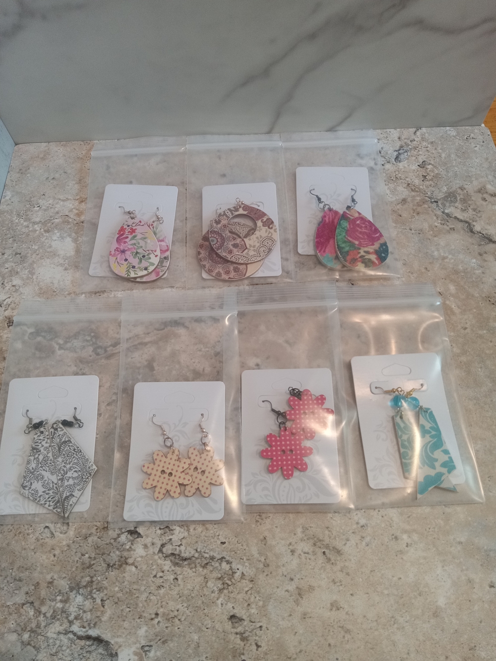 Mixed Floral & Patterned Drop Earrings Set - Teardrop & Flower Shapes (Wooden)